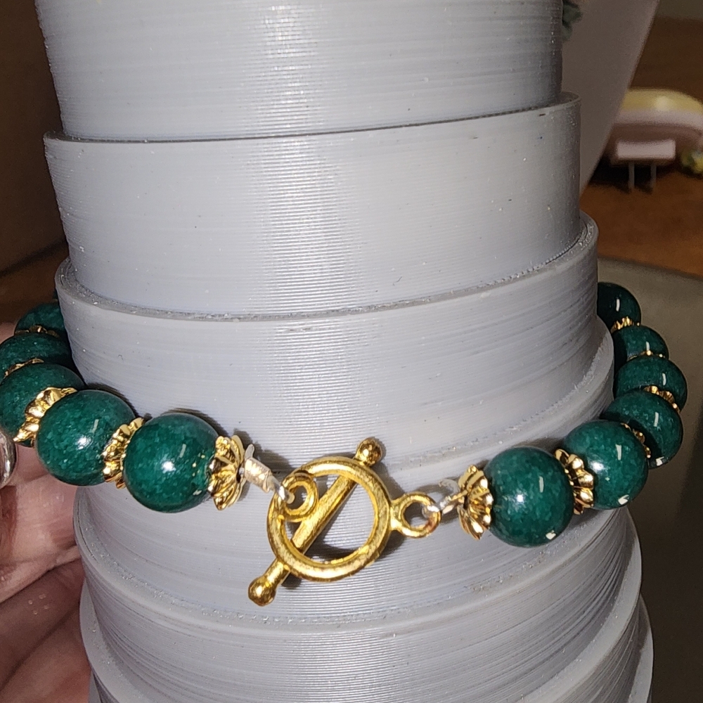 Nephrite and Cloisonne Goldtone Beaded Bracelet - Picture 4 of 11